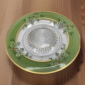 Pressed Glass - Hand Painted 10.75" Plate -Green w/Gold Trim Vintage